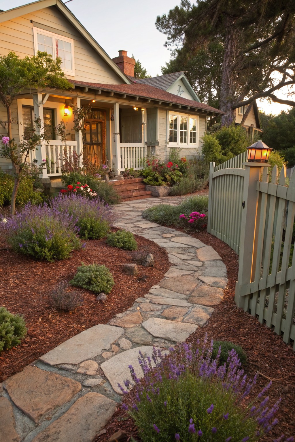 A winding flagstone pathway curves through reddish mulch garden beds planted with lavender shrubs and other flowers, bordered by a green picket fence gate leading to a shingled house porch.