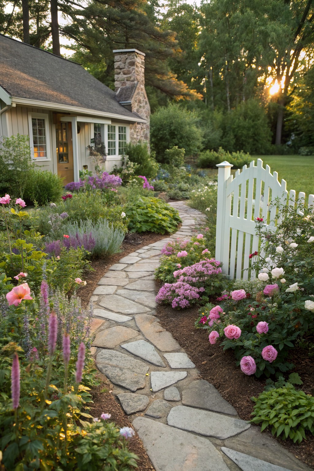 Winding flagstone path curves through mulched flower beds with pink roses, lavender, and hostas leading to a white picket gate near a shingled cottage house amid trees at sunset.