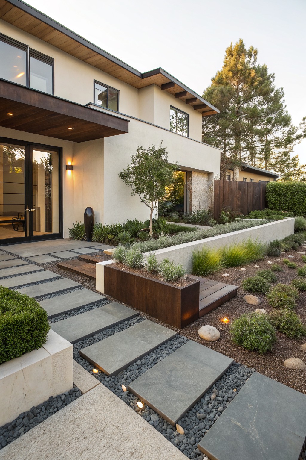 Modern house facade with front entry door, approached by a pathway of large rectangular dark stone pavers inset into light gravel beds flanked by low plants, grasses, shrubs, and scattered rocks.