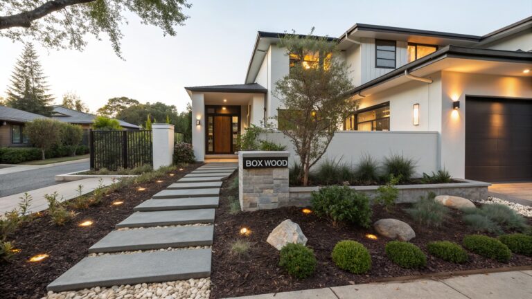 19 Polished Front Yard Landscaping Ideas Using Mulch and Stones Together Modern house facade with front entry door, approached by a pathway of large rectangular dark stone pavers inset into light gravel beds flanked by low plants, grasses, shrubs, and scattered rocks.