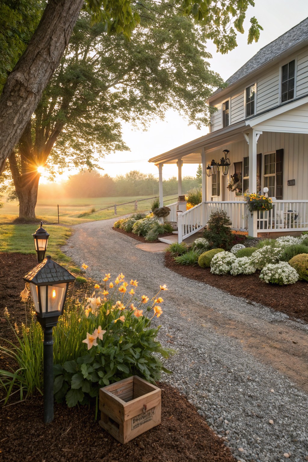 White clapboard farmhouse with porch and gabled roof at sunrise, featuring a curved gravel driveway bordered by mulch beds with yellow daylilies, green shrubs, white flowers, and a lamp post.