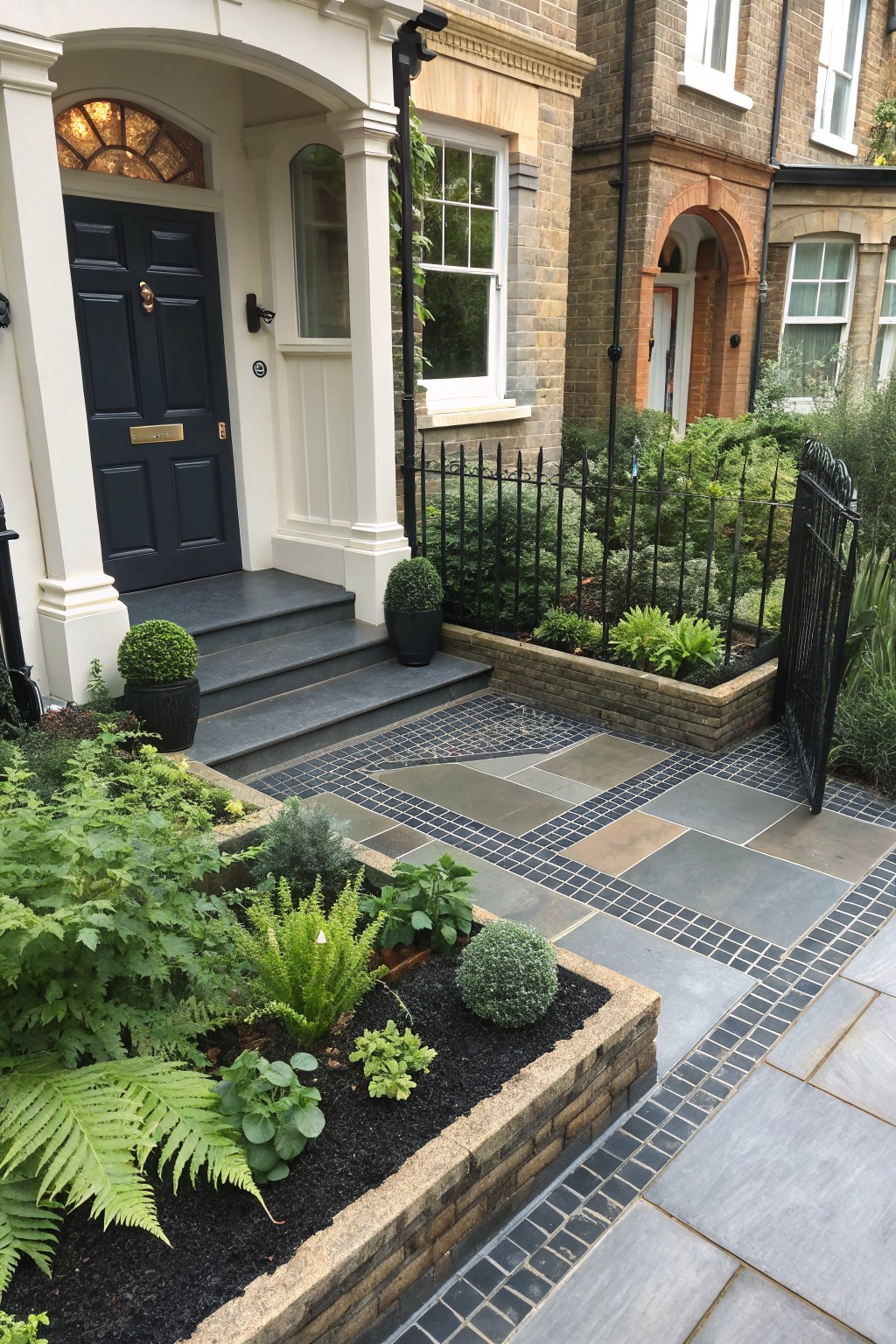 Front yard of a white-brick townhouse with dark blue front door, raised brick planters filled with green ferns and shrubs in black mulch, bordered by gray stone paver pathway and black iron gate.