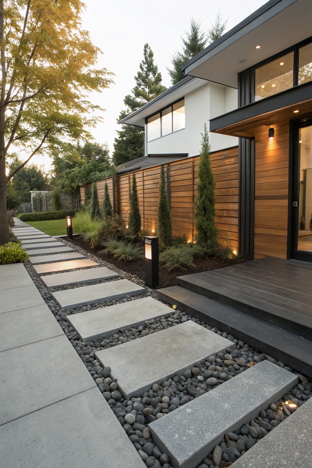 Front yard pathway of large rectangular concrete slabs set into black gravel beds, lined with low plants, pathway lights, and leading to a dark wood entry deck beside a modern house with cedar fence and trees.