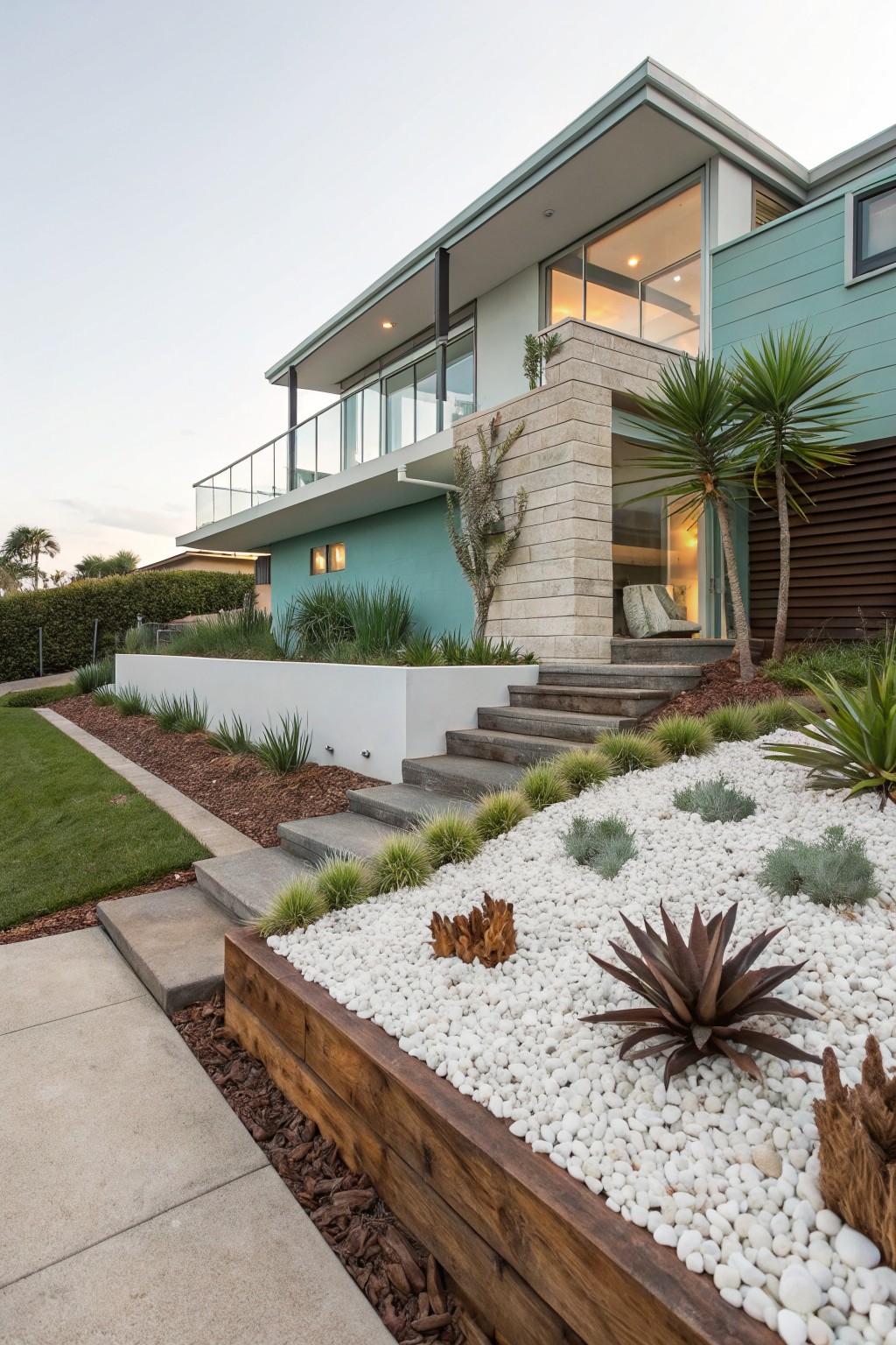 Modern teal house exterior with balcony and entry stairs, surrounded by tiered front yard landscaping including lawn, red mulch, grasses, white pebble beds with agaves and succulents, wood edging, and palm trees.