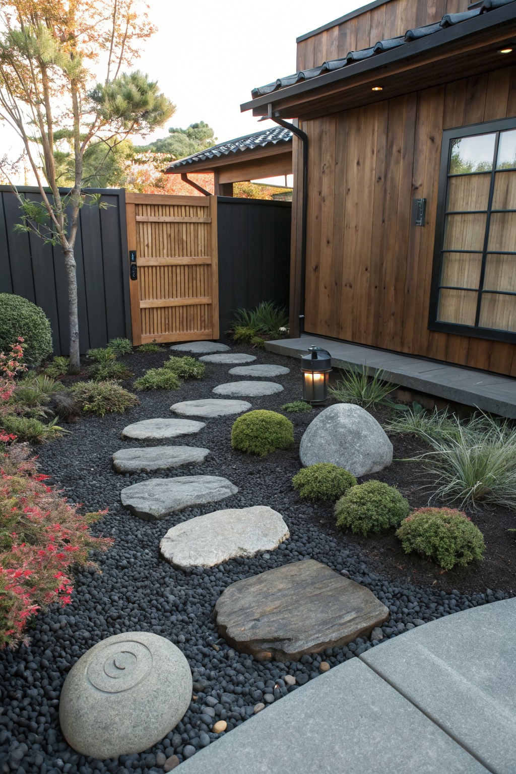 Front yard path of irregular flat stepping stones set in black gravel mulch, accented by large rocks, shrubs, grasses, and a stone lantern, leading to a wooden gate beside a cedar-clad house wall.
