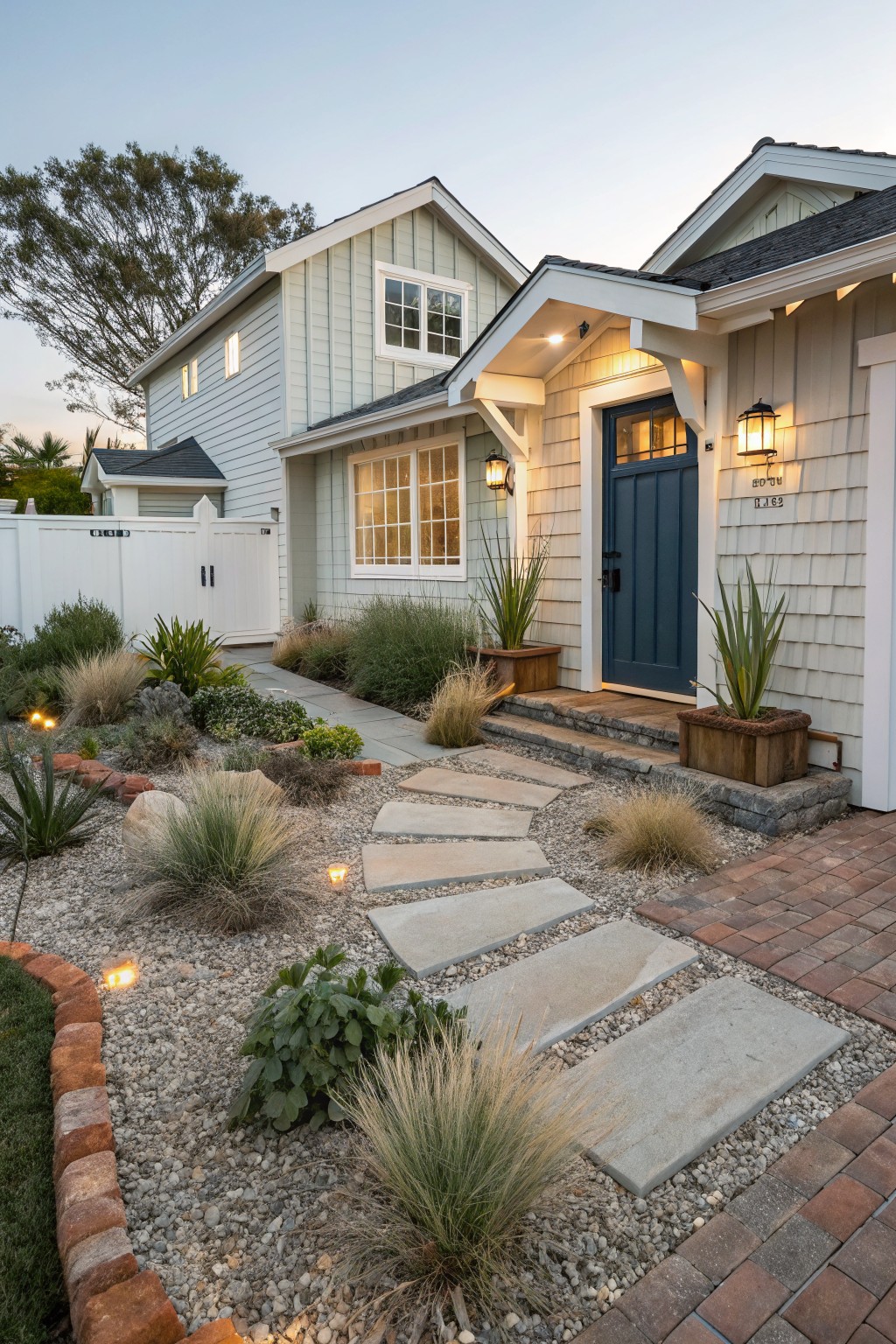 Front yard of a light green shingle house with dark blue door, potted agaves flanking entry steps, and irregular large stone pavers set into white gravel beds planted with ornamental grasses and succulents, edged by red brick and lit by low path lights.