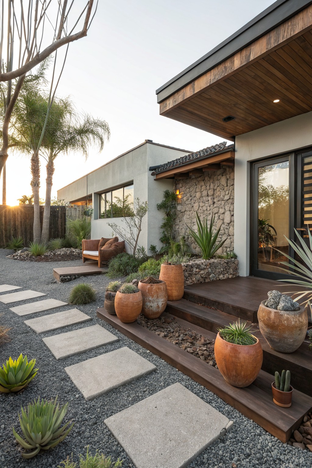 Front yard with large square concrete stepping stones set in gray gravel leading to wooden entry steps on a modern stucco house, accented by terracotta pots of succulents and agaves beside a stone wall and palm trees at sunset.
