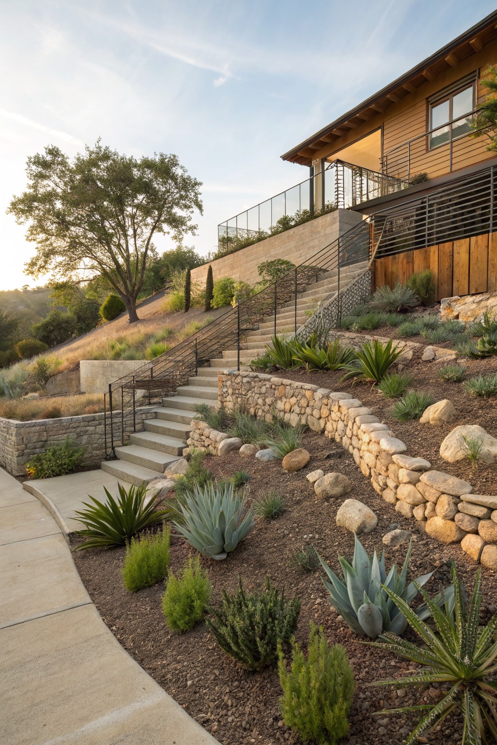 Hillside view of a wood-sided house with concrete steps and metal railings ascending terraced stacked stone retaining walls, gravel mulch beds planted with agave succulents and small shrubs, and a curved concrete path at the base.