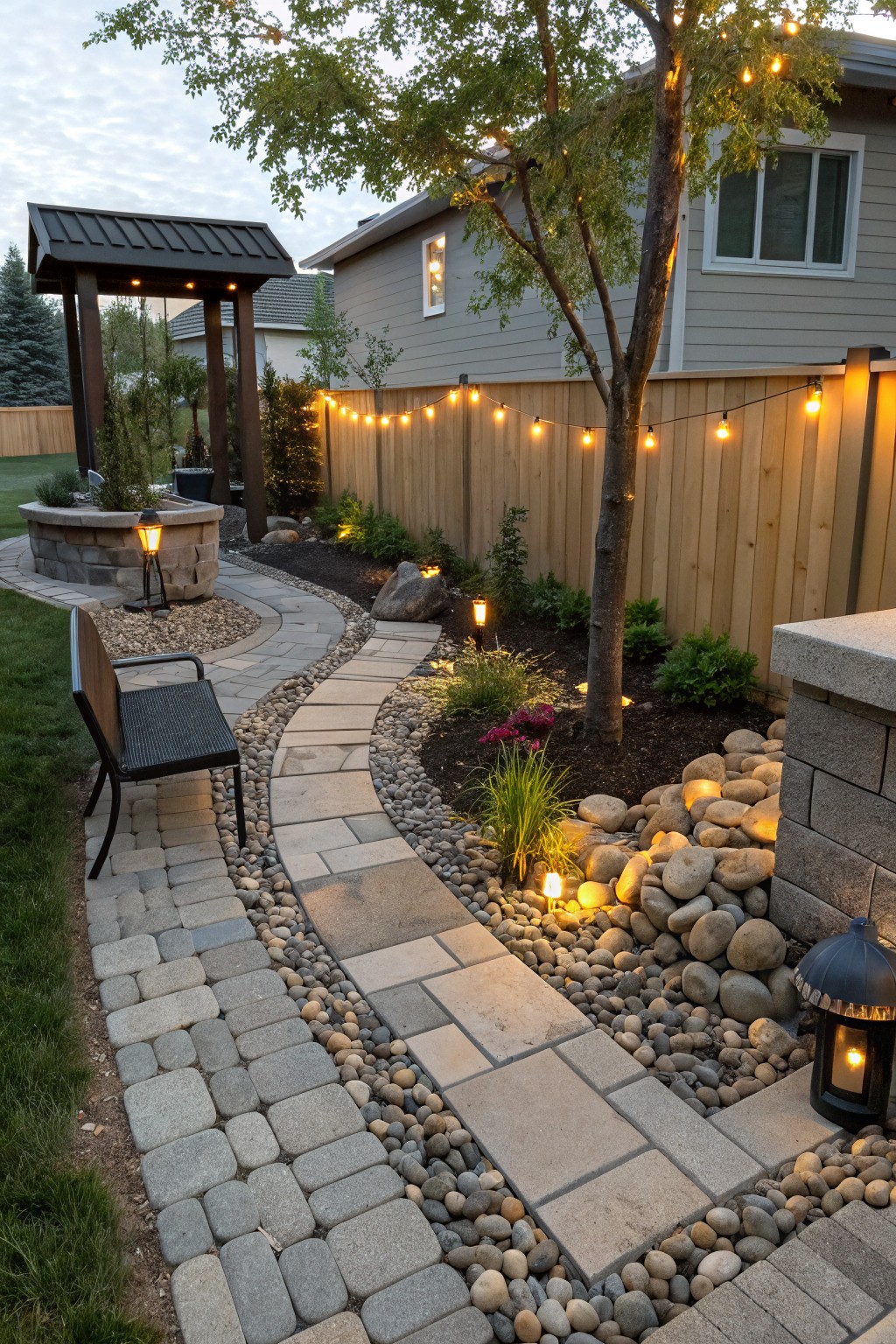 Curved paver stone pathway bordered by white pebbles and mulch garden beds in a backyard, with plants, a bench, stone water feature, lanterns, and string lights on a wooden fence at dusk.