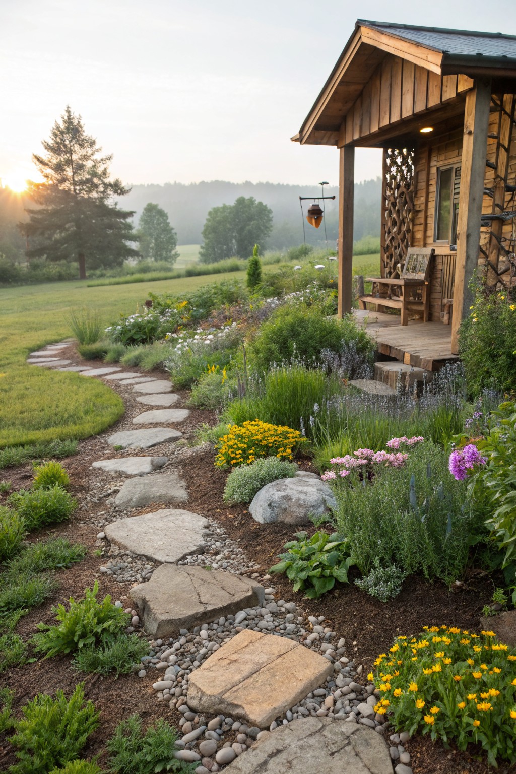Wooden cabin with porch and hanging lantern overlooking a curved path of irregular flat stones set in gravel and mulch amid flowering plants and shrubs, with grassy field and trees in background at dawn.