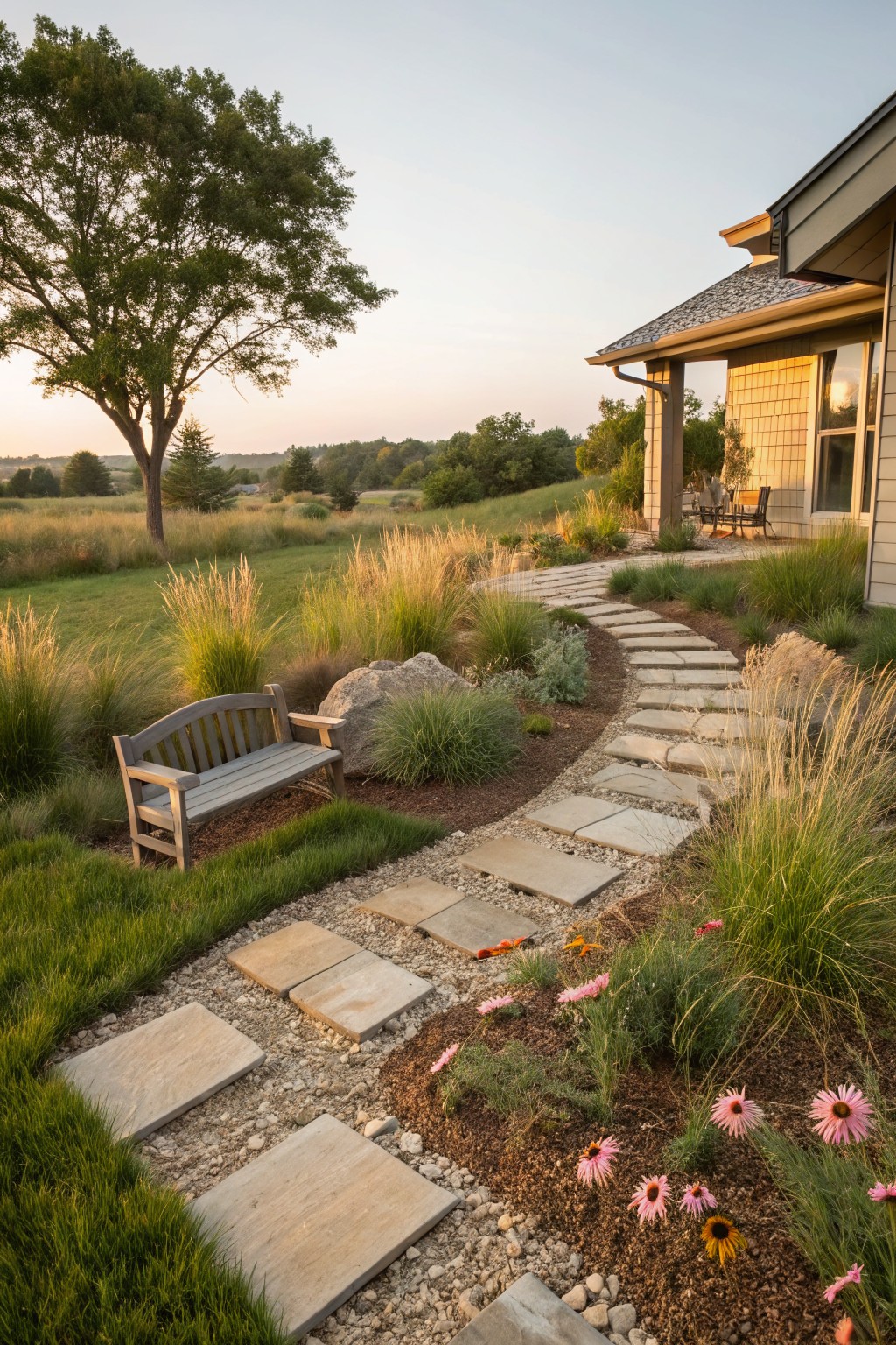 Curved pathway of irregular rectangular stone slabs set in gravel and mulch beds, lined with ornamental grasses, boulders, pink coneflowers, and a wooden bench, leading to a house porch amid a grassy yard at dusk.