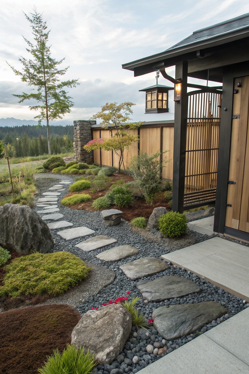 Winding path of irregular flat stone slabs set in dark gravel mulch, bordered by low shrubs, mossy ground cover, large boulders, and plants leading to a wooden gate and house entrance.