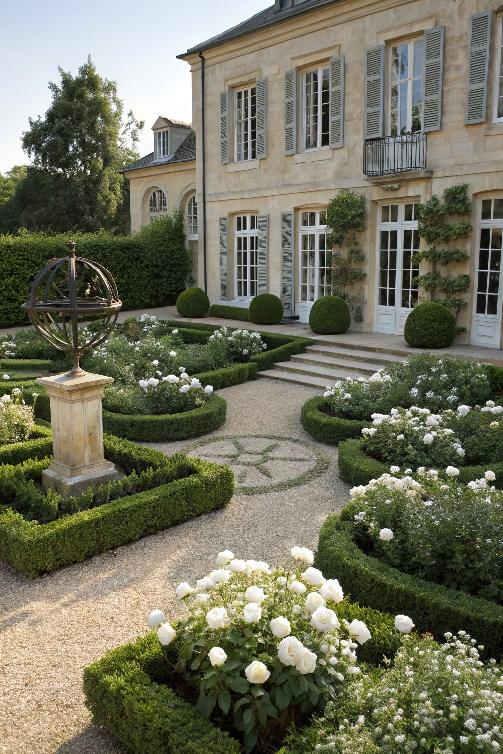 Symmetrical boxwood hedge parterres enclosing beds of white roses surround gravel paths and a central stone pedestal with armillary sphere in front of a light stone house with shuttered windows.