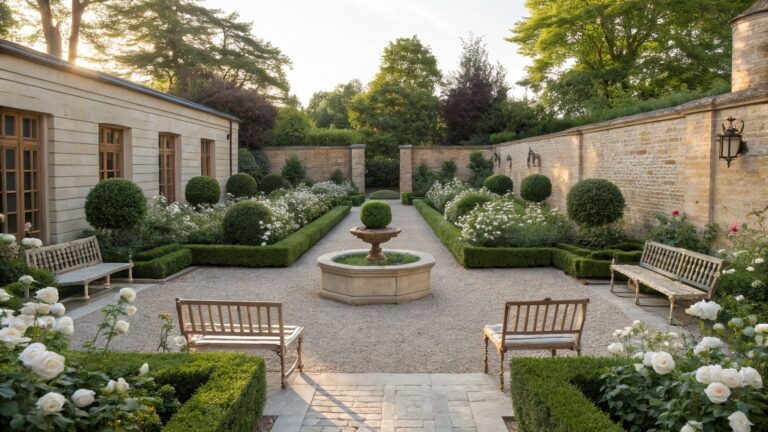 Stone courtyard garden with central octagonal fountain, gravel paths and seating area surrounded by boxwood hedges, white rose bushes, potted plants, and adjacent rustic stone building with arched door.