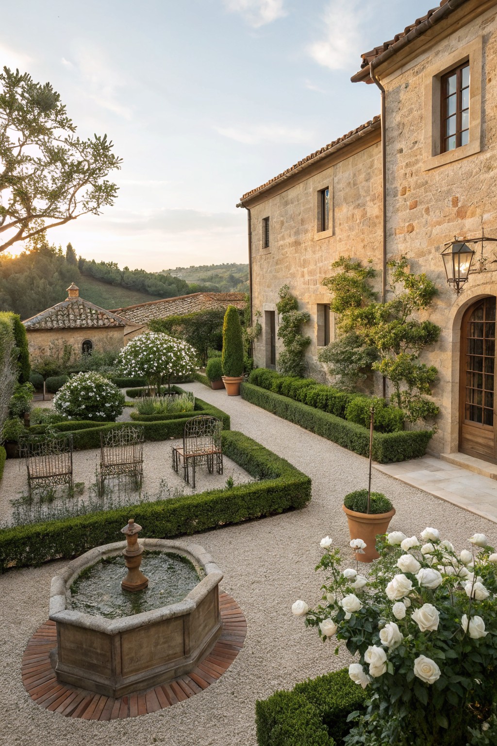 Stone courtyard garden with central octagonal fountain, gravel paths and seating area surrounded by boxwood hedges, white rose bushes, potted plants, and adjacent rustic stone building with arched door.