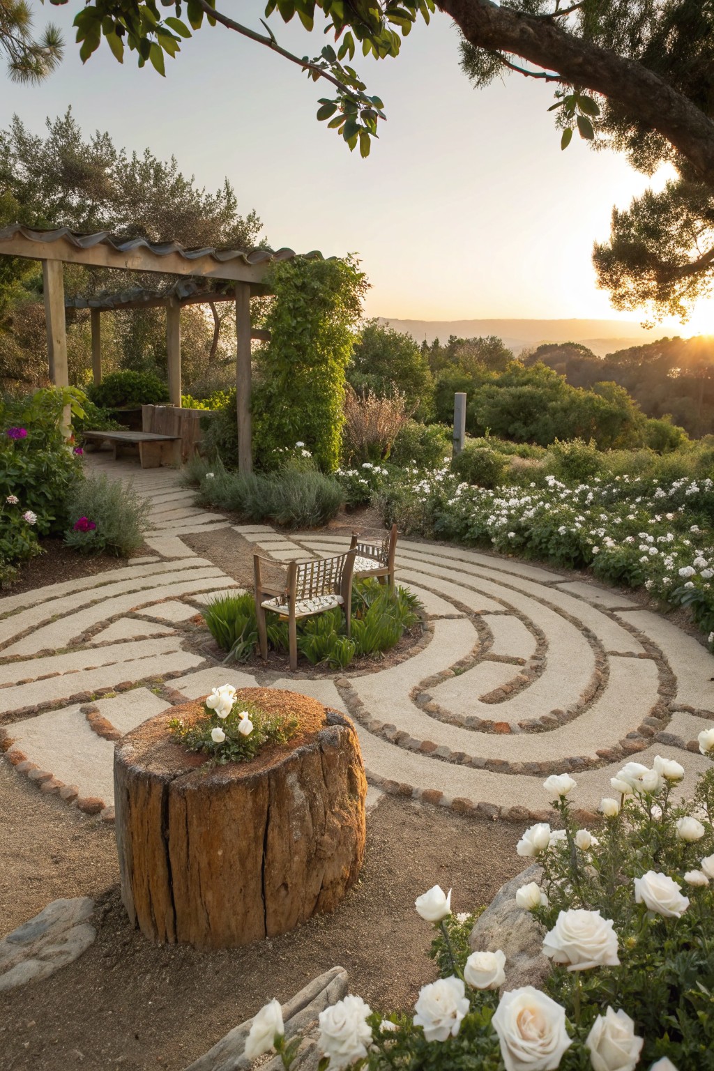 Stone labyrinth pathway in a garden edged with clusters of white roses, featuring a central tree stump planter with flowers, wooden benches, a pergola structure, and surrounding greenery and hills at sunset.