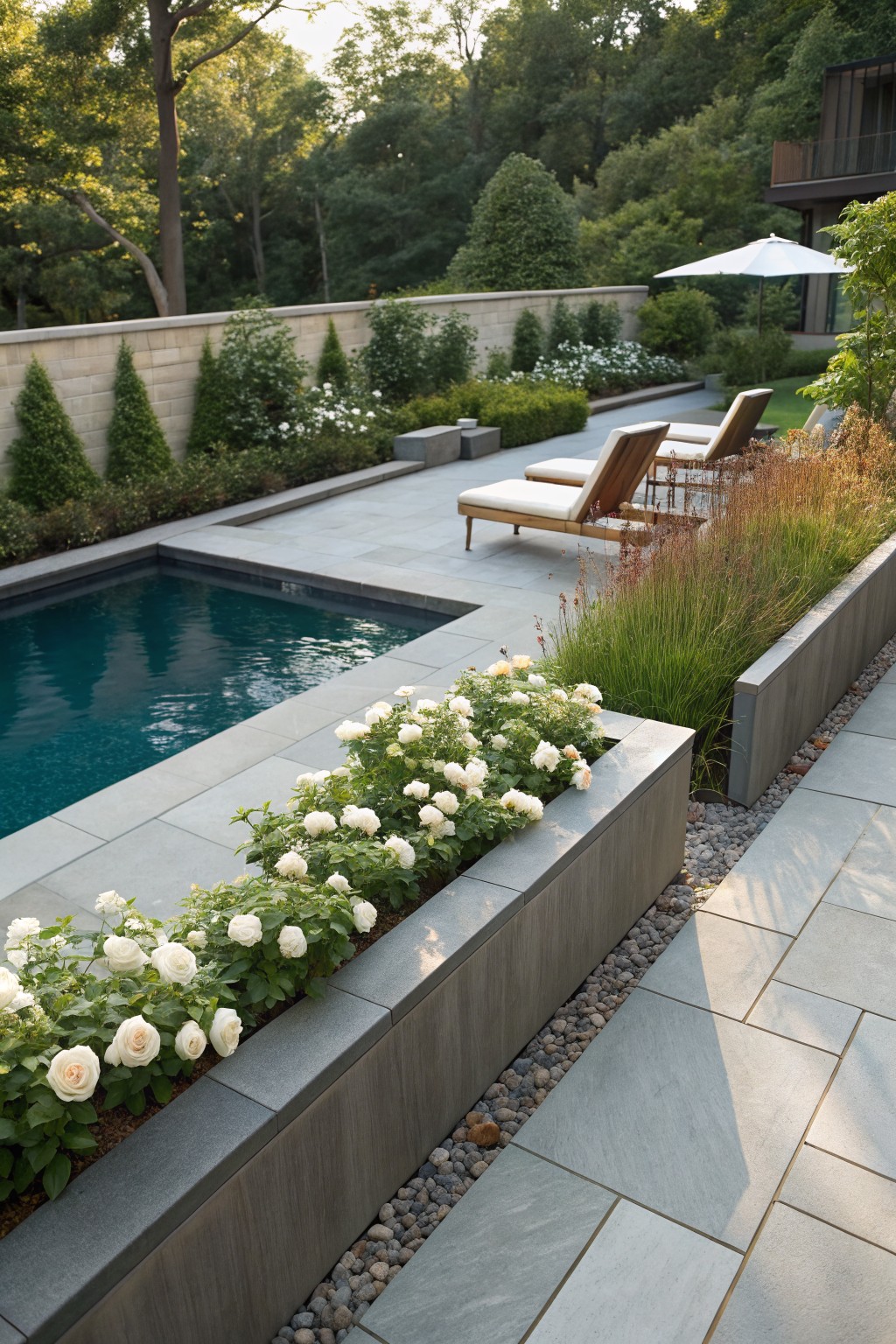 Rectangular dark blue pool bordered by concrete planters overflowing with white roses and ornamental grasses, with gray slate pavers, lounge chairs, and a garden backdrop.