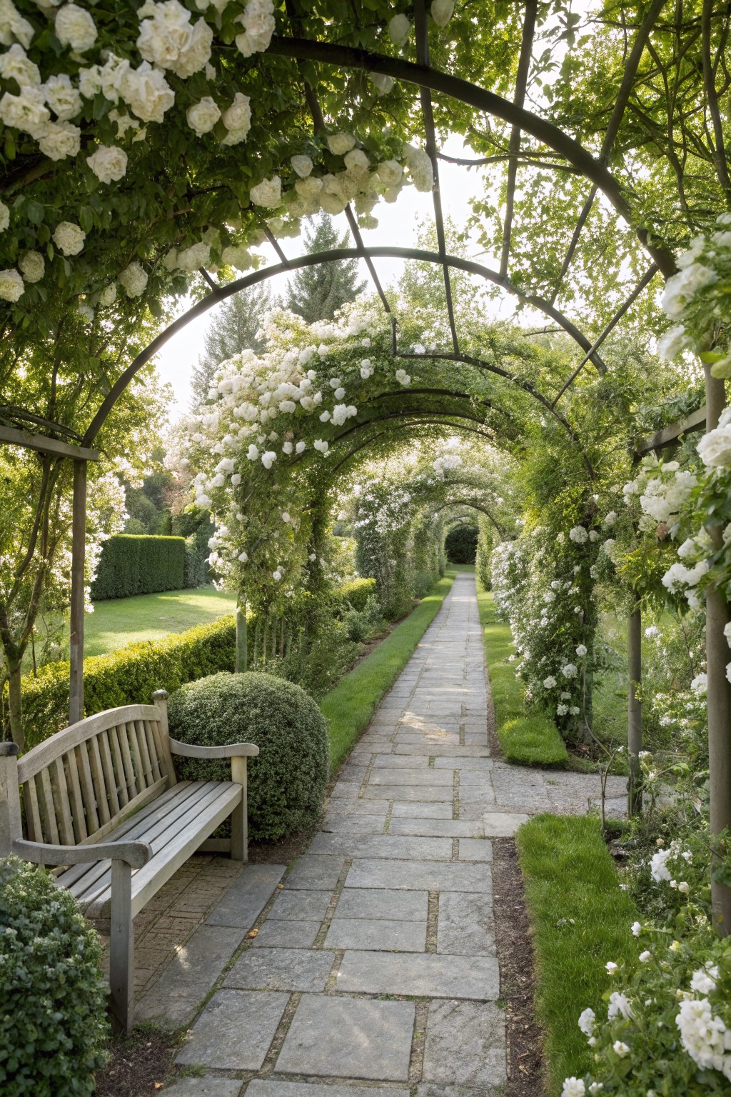 Stone pathway running under several metal arches covered in blooming white roses, with green hedges, topiary shrubs, and a wooden bench along one side in a garden.