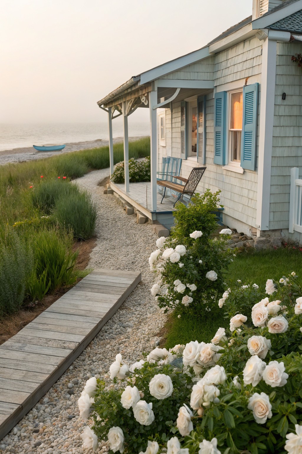 Clapboard house with blue shutters and porch chairs beside a beach, approached by gravel path and wooden boardwalk edged by white rose bushes.