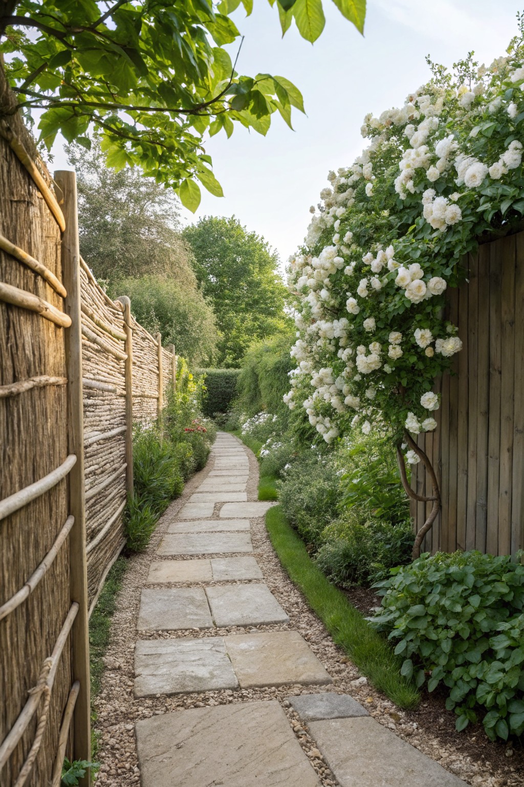 Winding stone path through a garden with bamboo fencing on the left, white climbing roses on wooden fencing on the right, surrounded by green plants and trees under a partly cloudy sky.