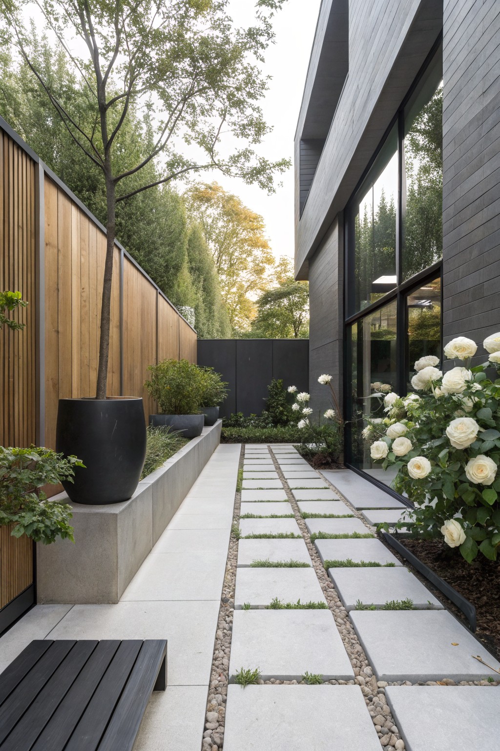 Narrow side path of large square concrete pavers with gravel joints, bordered by raised concrete planters with grasses, a large black pot with a tree, clusters of white roses, and other plants next to a dark modern house wall and wooden fence.