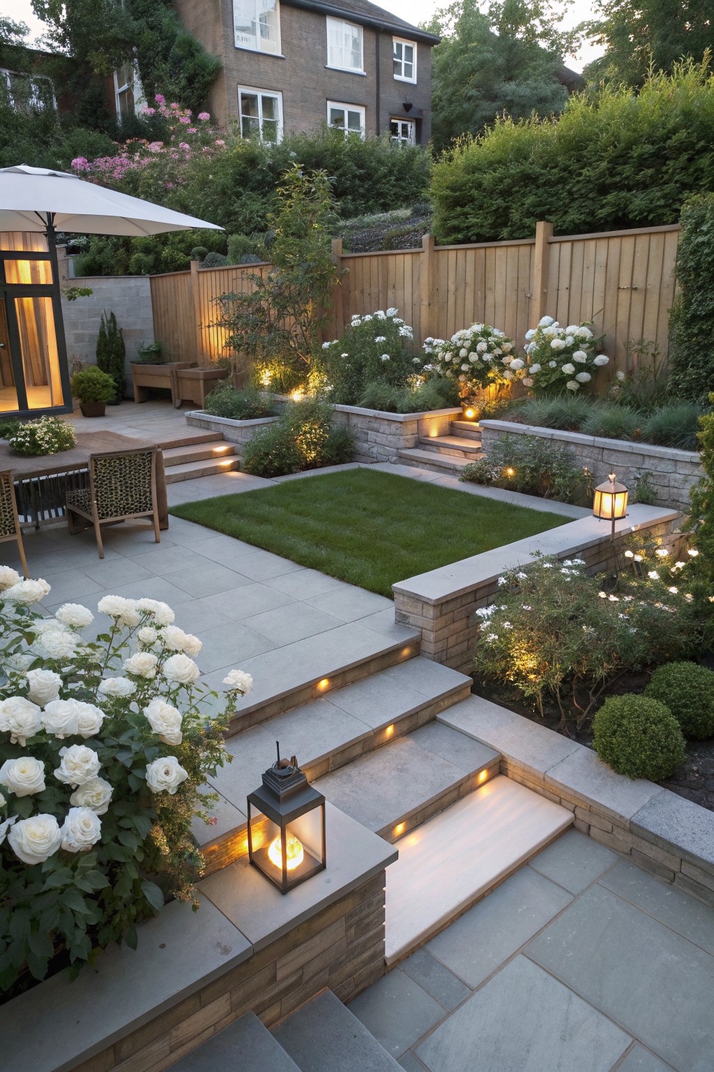 Overhead view of a terraced backyard garden with gray stone pavers and steps, clusters of white roses and hydrangeas, small lawn patch, wooden dining table with chairs, lanterns, and low-voltage lighting.