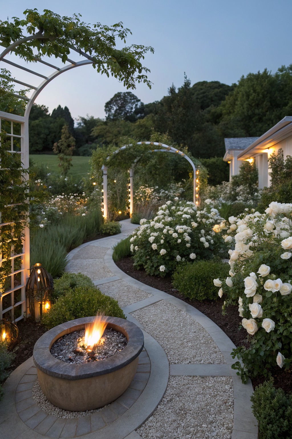A curved gravel and stone path winds through garden beds overflowing with white rose bushes toward a circular stone fire pit, flanked by lit arches, lanterns, and greenery at dusk.