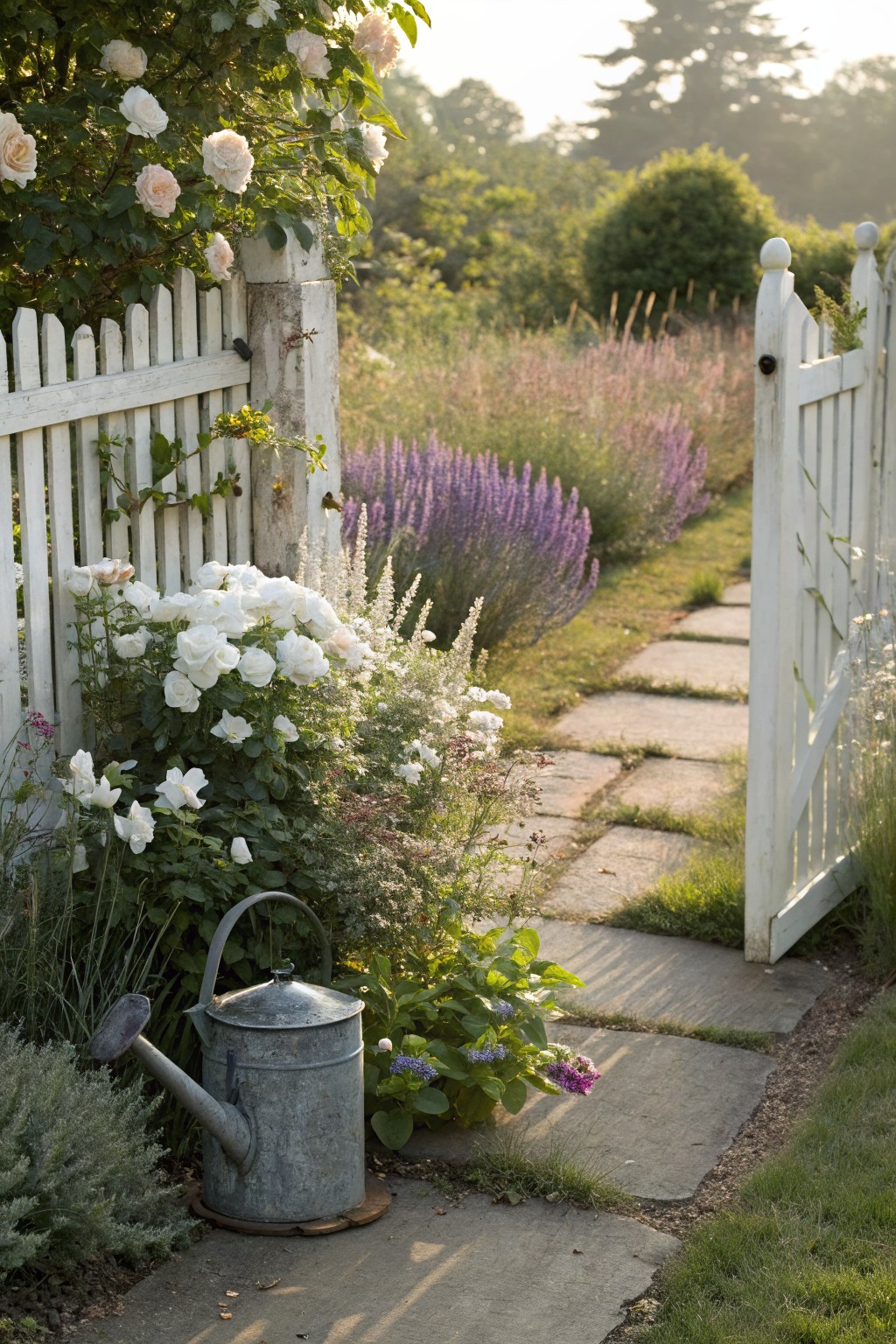White picket fence gate open to a stone path edged with clusters of white roses, lavender, and other plants, with a metal watering can on the ground nearby.