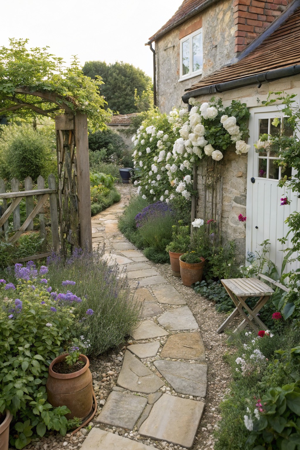 A winding flagstone path through a cottage garden bordered by white climbing roses on a stone wall, lavender plants, terracotta pots, and a wooden garden bench near a white door.