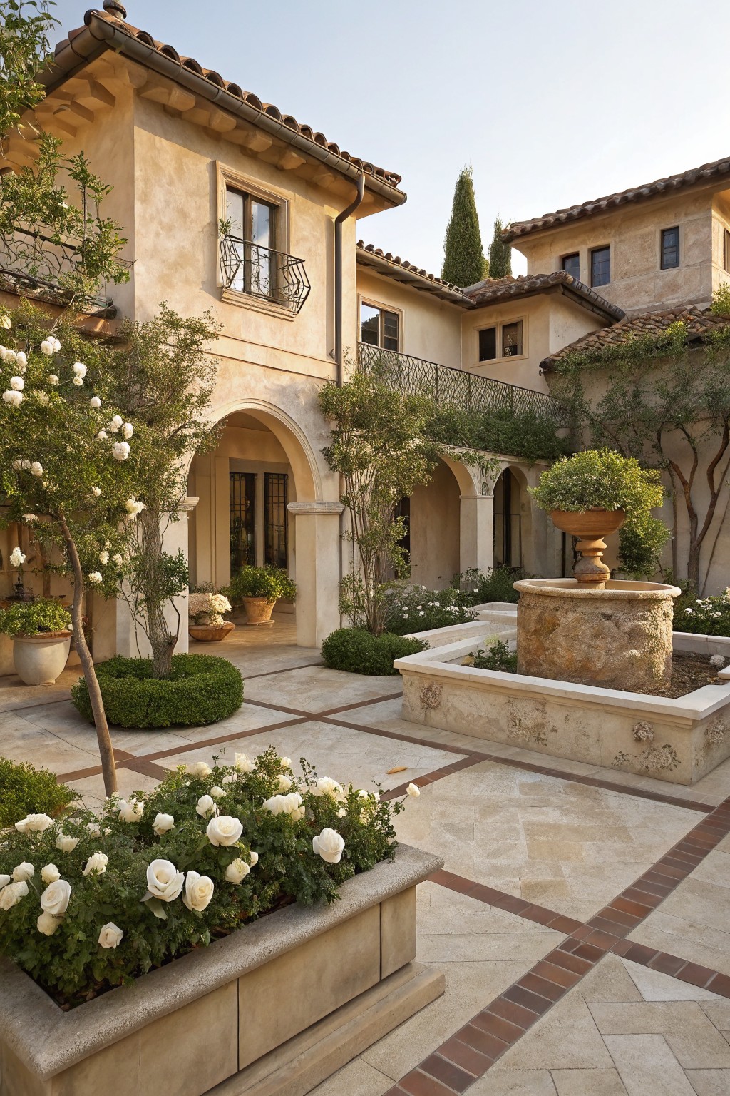 Stone courtyard with terracotta-tiled paths, central stone fountain, raised rectangular planters filled with white roses, boxwood hedges, olive trees, and arched stucco walls under a clear sky.
