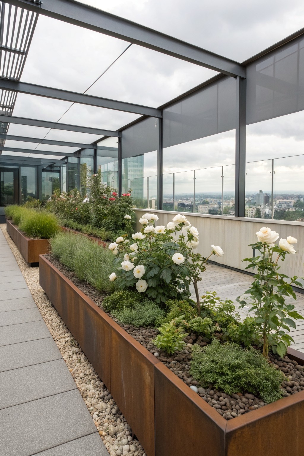 Rooftop terrace walkway lined with elongated corten steel planters containing white roses, ornamental grasses, shrubs, and gravel mulch, under a metal pergola with city views beyond glass railings.