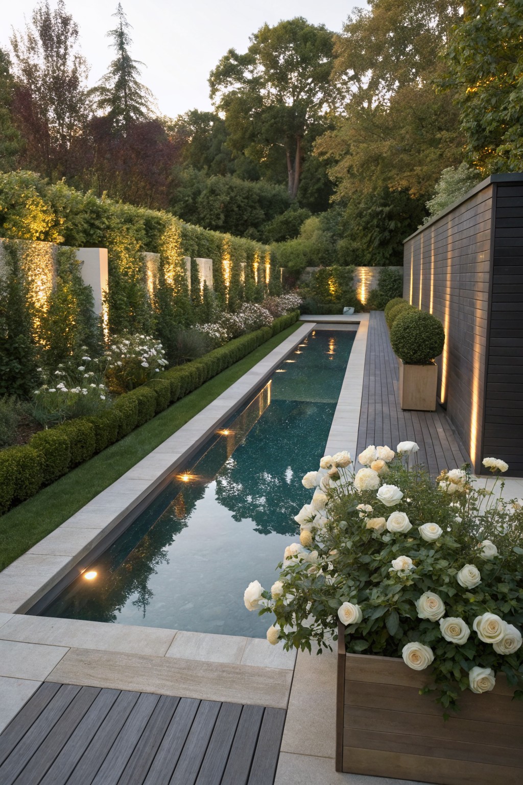 Narrow rectangular swimming pool in a linear garden bordered by boxwood hedges, white rose bushes in a wooden planter, stone edging, wooden decking, and illuminated walls with trees in the background.