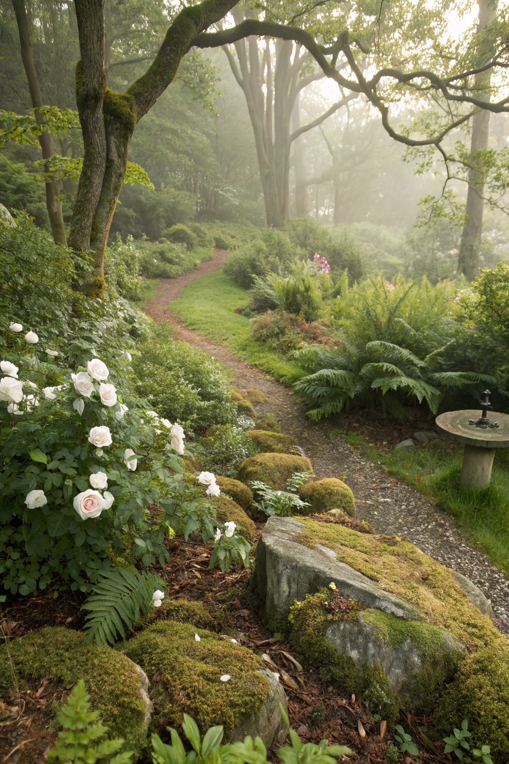 A winding dirt path through a misty garden lined with white roses, ferns, moss-covered rocks, and trees.