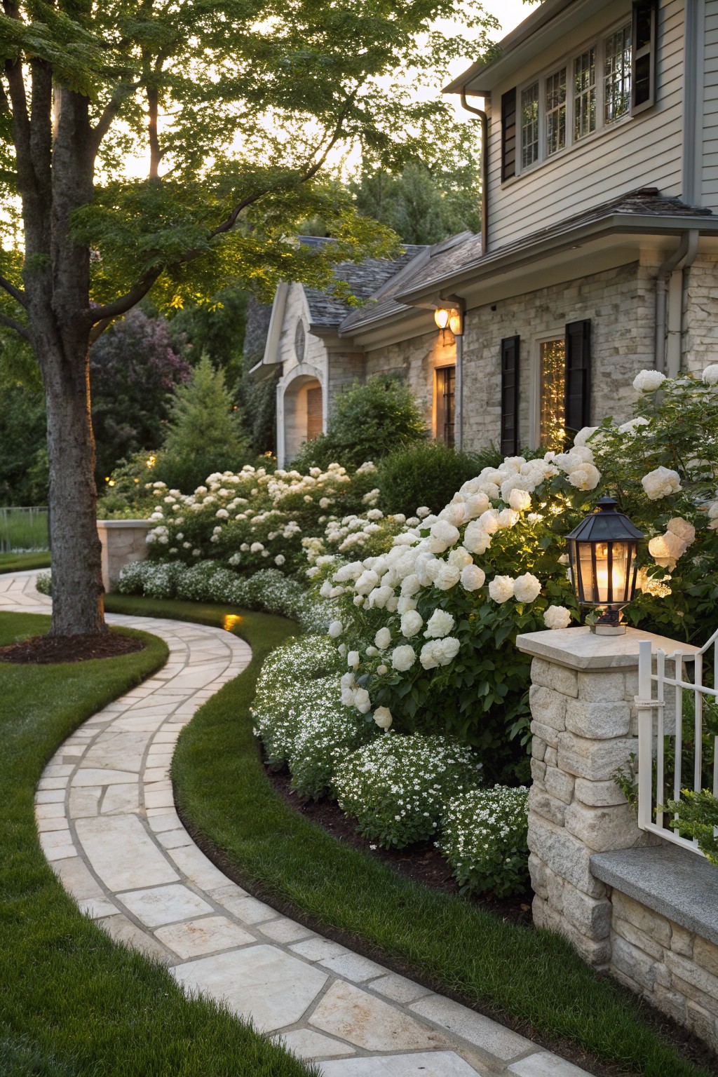 Curved flagstone pathway winding through dense white hydrangea plantings and low greenery, leading toward a beige stone house entrance with lanterns and a metal gate.