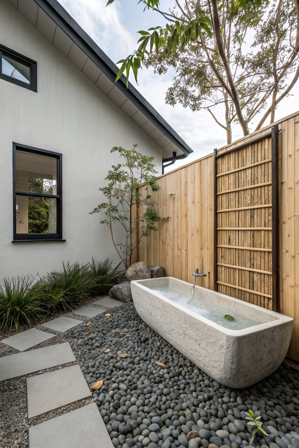 Modern backyard featuring a large rectangular stone bathtub partially filled with water, surrounded by pebbles, stepping stones, plants, rocks, and a bamboo privacy screen next to a white house exterior with black-framed windows.