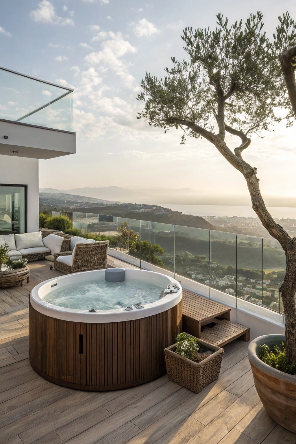 Wooden hot tub centered on a wood deck balcony with glass railing, lounge seating, potted plants, olive tree, and distant view of hills and sea.