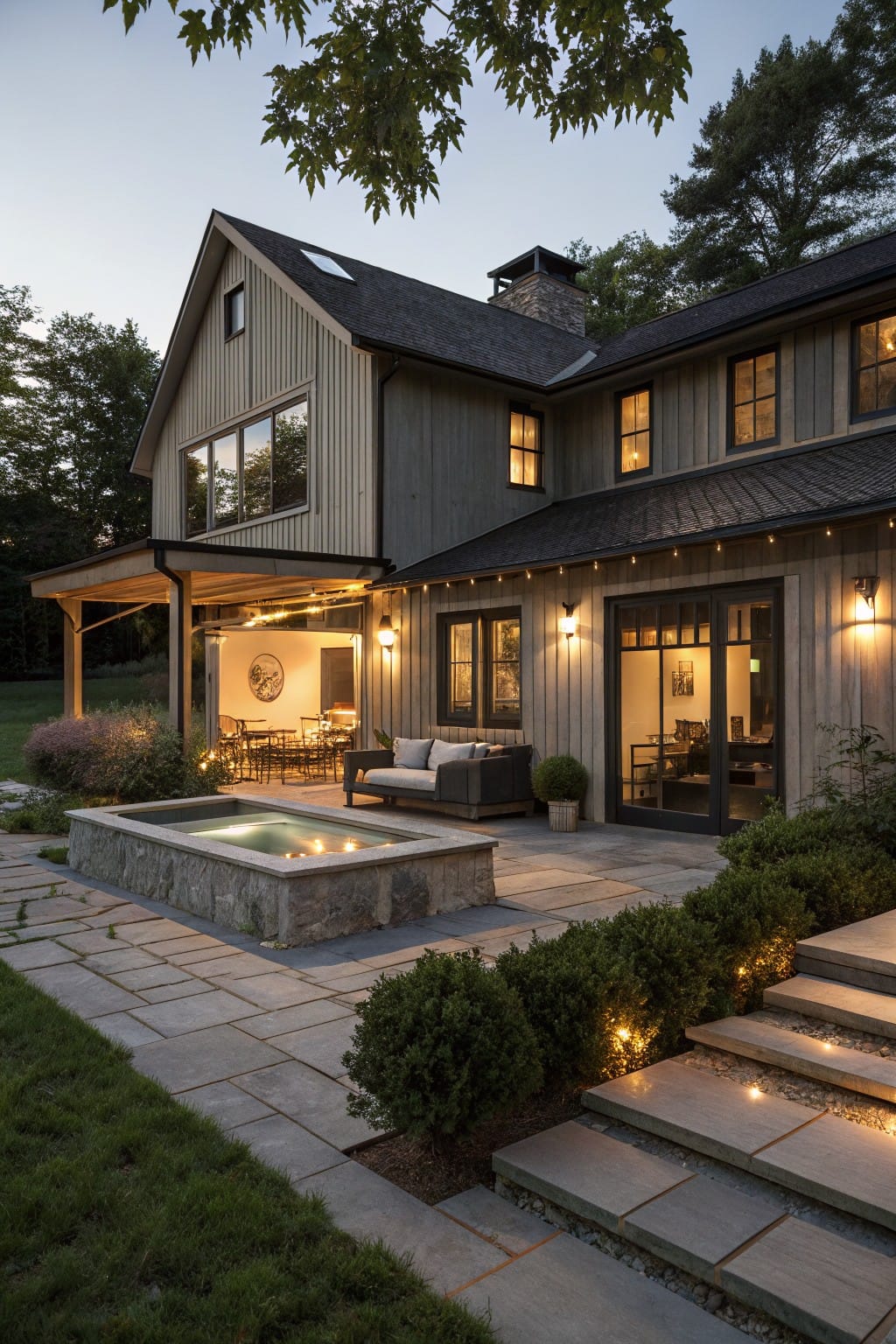 Modern gray shingle house exterior at dusk with bluestone patio, rectangular hot tub in raised stone enclosure, nearby sofa seating, boxwood shrubs, and edge lighting leading to grass yard.