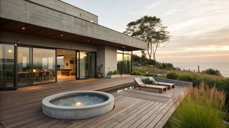 Modern gray house with large windows overlooking a wooden deck that includes a circular sunken hot tub, rectangular pool, lounge chairs, dining table, potted plants, and grasses.