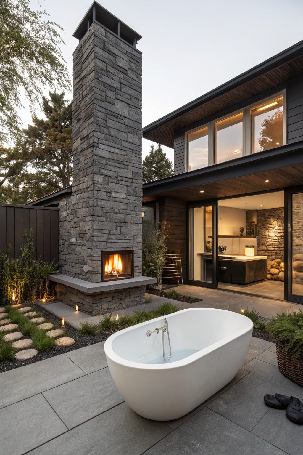 Modern backyard stone patio with white freestanding hot tub next to lit outdoor stone fireplace and chimney, dark house with glass doors and plants in background.