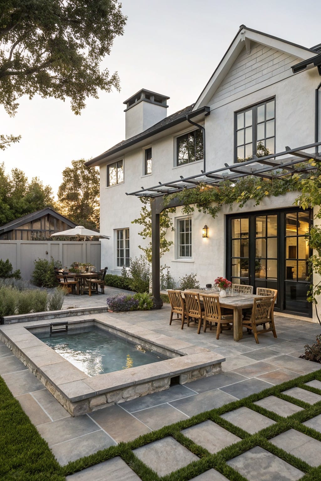 Modern backyard patio with rectangular hot tub flush into gray stone pavers, wooden dining table and chairs under vine-covered pergola, next to white house with black-framed glass doors and windows.