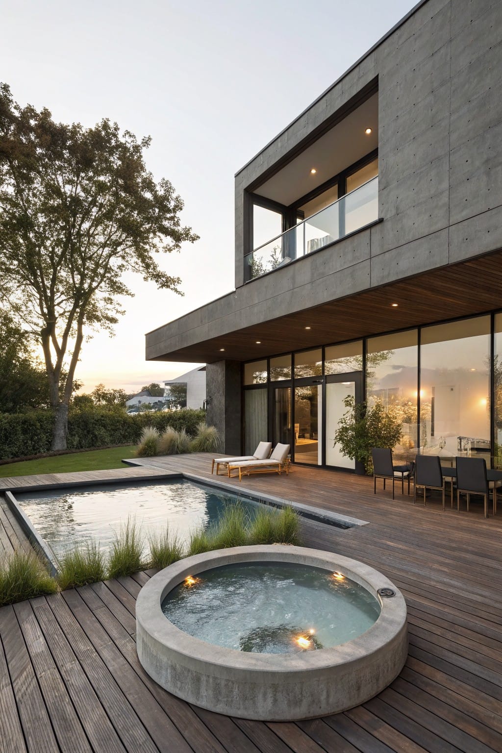 Modern gray house with large windows overlooking a wooden deck that includes a circular sunken hot tub, rectangular pool, lounge chairs, dining table, potted plants, and grasses.