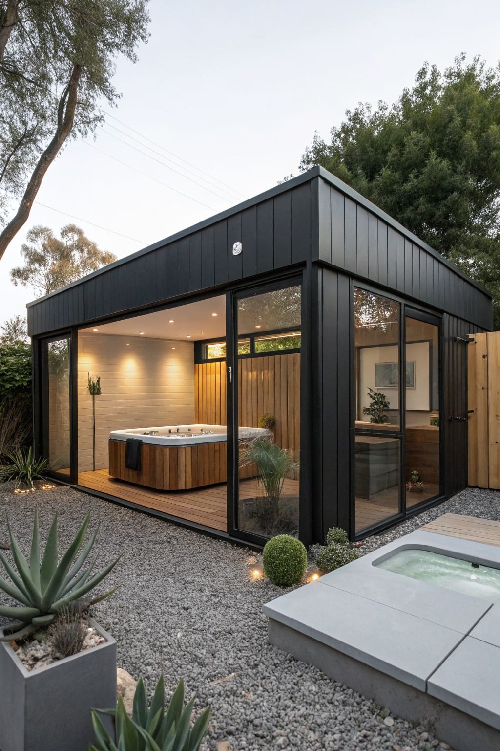 Black rectangular pavilion with vertical wood cladding and large glass walls enclosing a wooden hot tub on a deck, surrounded by gravel, potted agaves, and trees in a backyard.