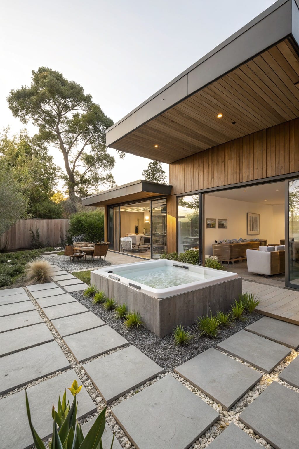 Modern backyard patio with large gray concrete pavers in a grid pattern surrounding a rectangular hot tub edged in gravel and low plants, next to a house with wooden siding, overhanging roof, and open sliding glass doors.
