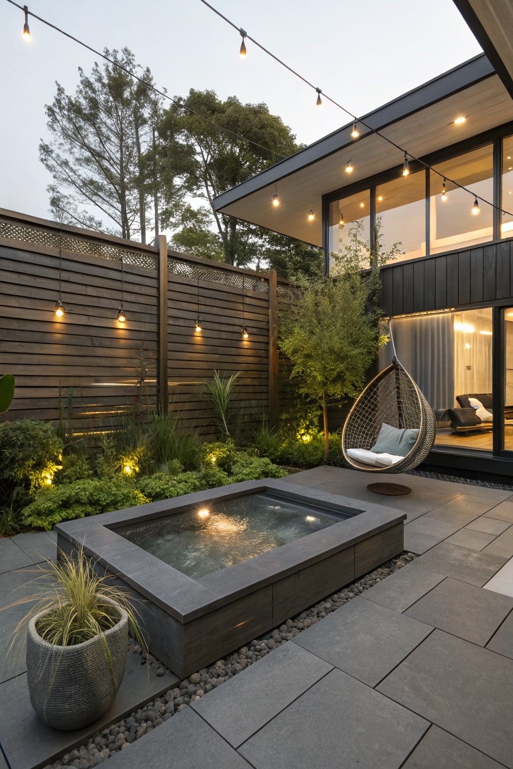 Modern backyard patio with a square in-ground hot tub surrounded by slatted wooden privacy screens, string lights overhead, potted plants, a hanging egg chair, and large windows on an adjacent black house.