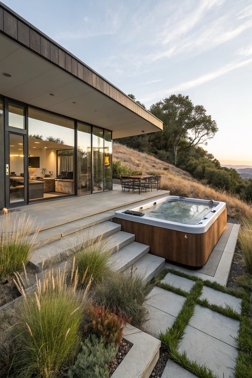 Modern house with black cladding and large glass doors opening to a concrete patio on a hillside, broad steps leading down to a wooden hot tub surrounded by tall grasses and low plants at sunset.
