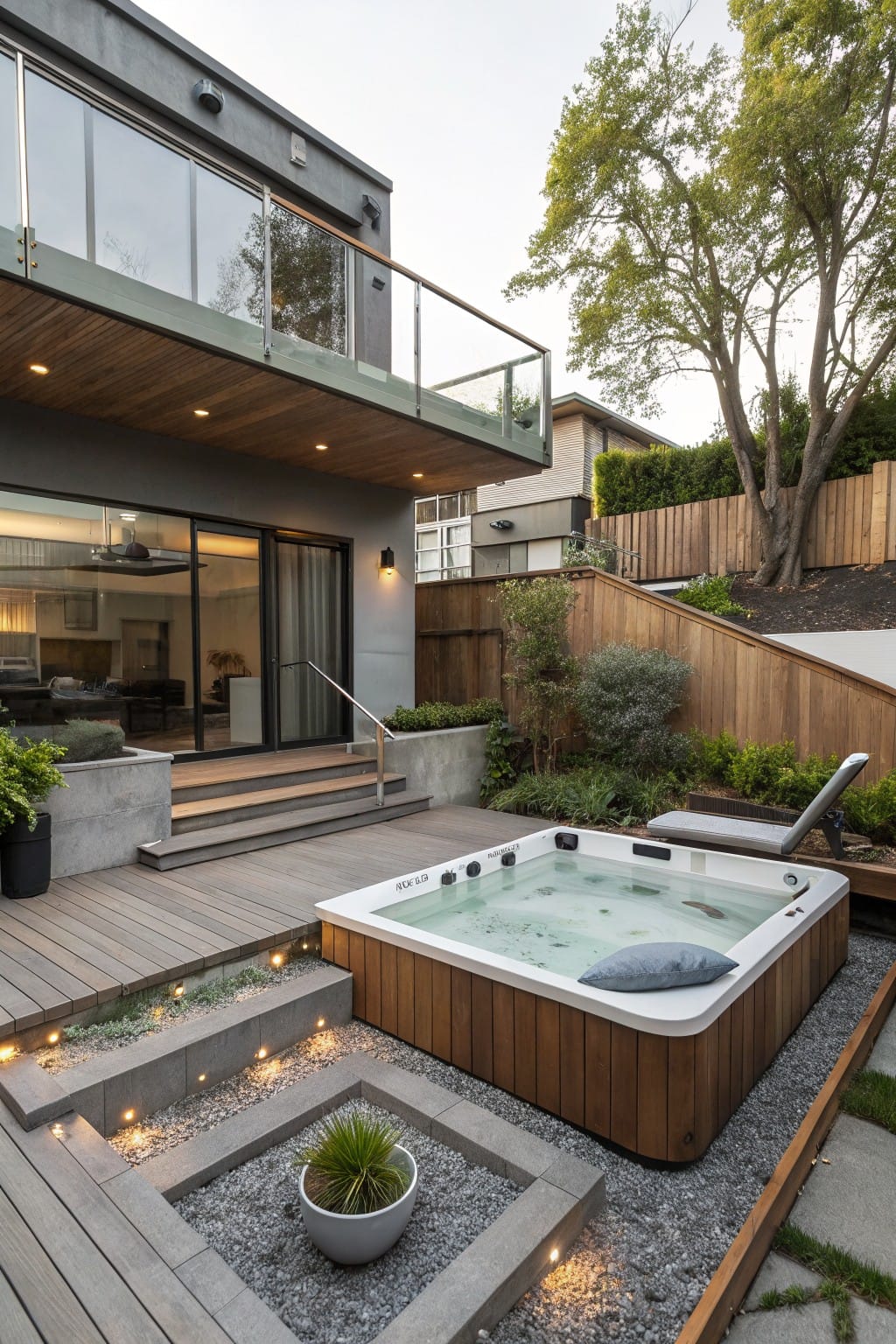 Modern backyard deck with sunken wooden hot tub in concrete and gravel enclosure lit from below, steps leading to glass sliding doors on a two-story house with balcony above.