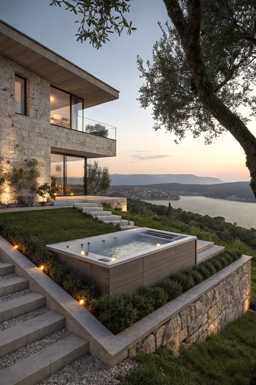 Modern stone and wood house on a hillside with rectangular wooden hot tub on terraced lawn surrounded by stone walls and steps, olive trees nearby, balcony above, and lake view at sunset.