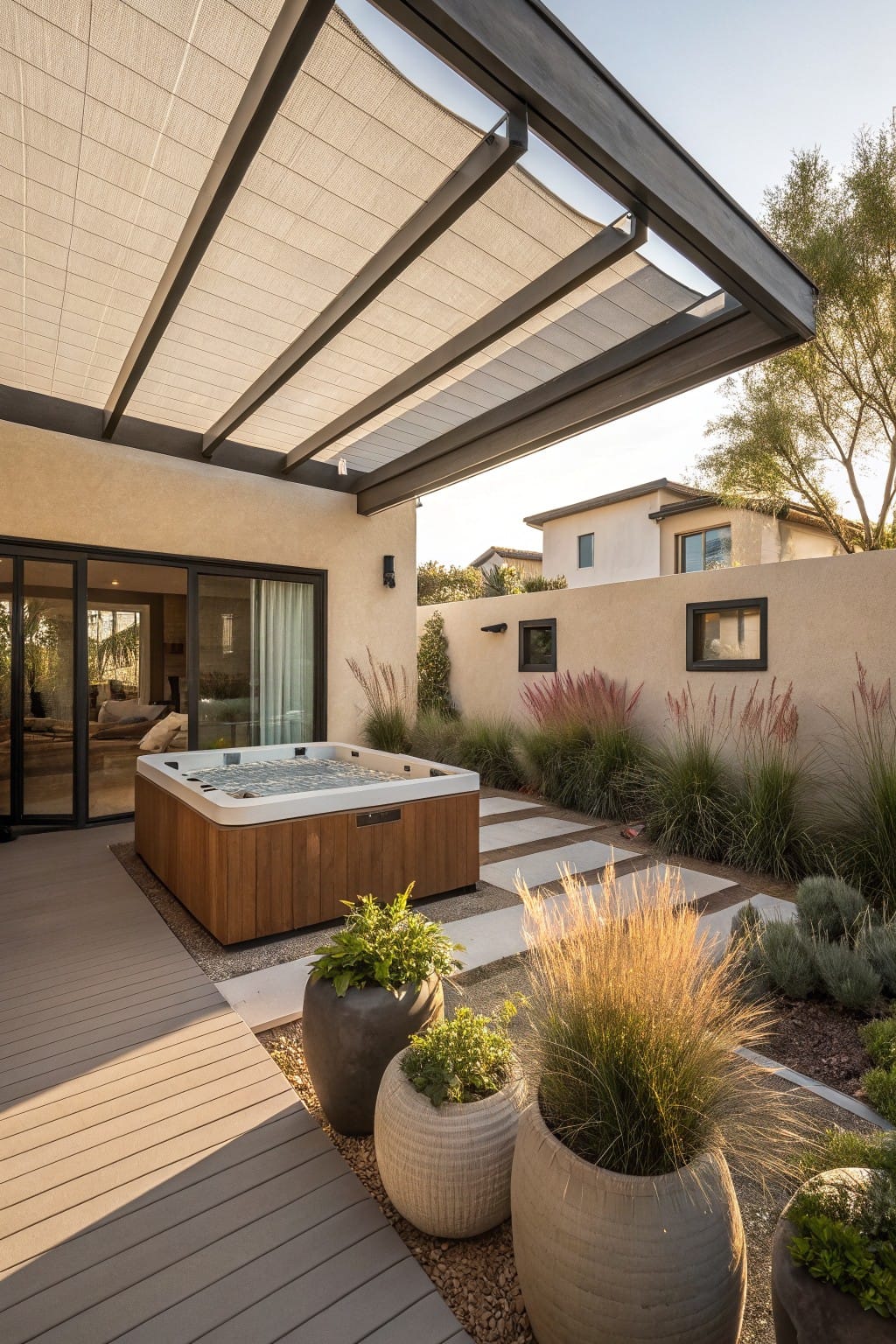 Modern backyard deck with a rectangular wooden hot tub under a black metal pergola covered in beige fabric, surrounded by potted plants, grasses, succulents, and a beige stucco wall with sliding glass doors.