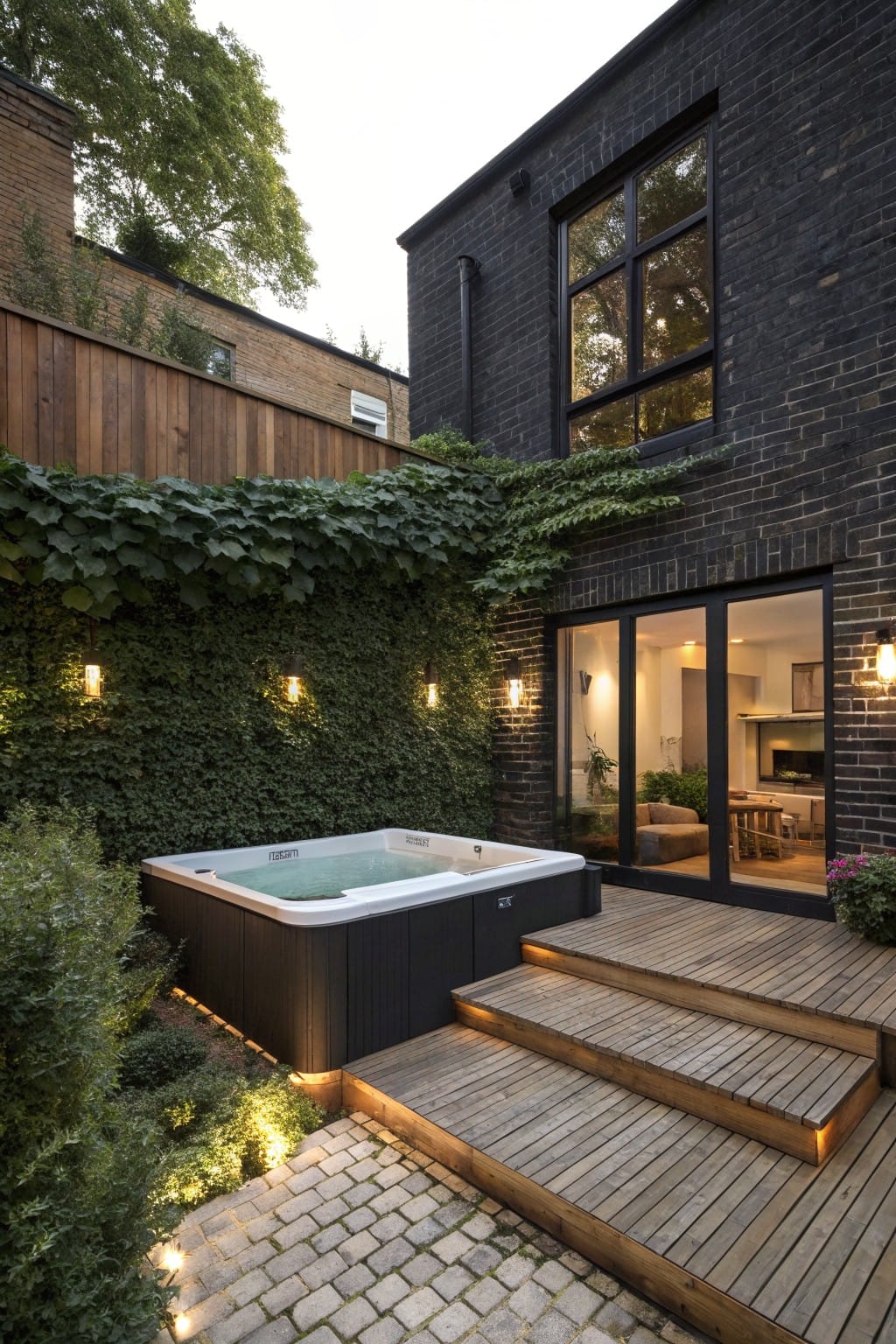 Backyard of a black brick modern house featuring a dark hot tub on a wooden deck with steps, surrounded by climbing green plants on a wooden fence and house wall, lit by wall-mounted lights, and a paved pathway nearby.