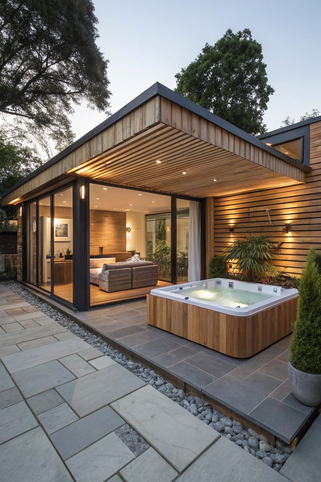 Modern rectangular wooden annex with floor-to-ceiling glass walls containing a bed, sliding doors opening to a lit patio with square wooden hot tub surrounded by plants and trees at dusk.
